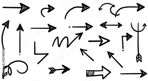 HandDrawn Black Arrows Directional Curvy and Straight Vector Set.