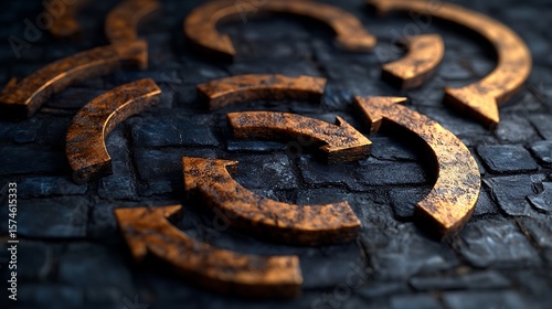Circular bronze arrows on dark stone surface.
