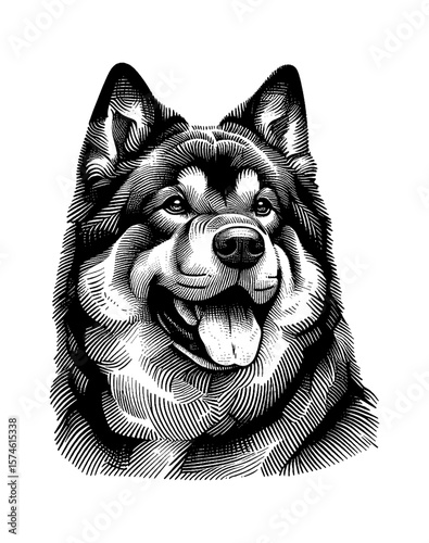 Detailed Engraving Style Portrait of Smiling Alaskan Malamute Dog Head Isolated on White Background