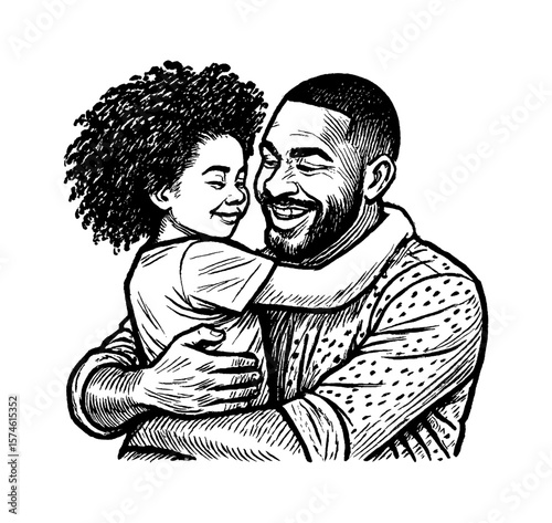 Happy African American father hugging his daughter with love in black and white illustration