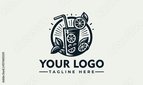 Vintage logo design featuring a refreshing citrus beverage, garnished with fruit and mint, encircled by sunburst rays.