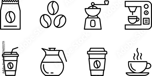 Coffee bag beans grinder machine carafe cup hot drink vector