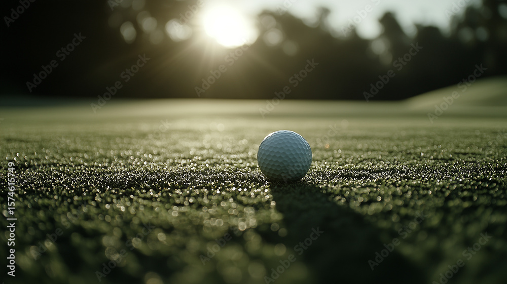 Golf ball on green, sunlight, lush background, sport Golf ball on green, sunlight, lush background, sport