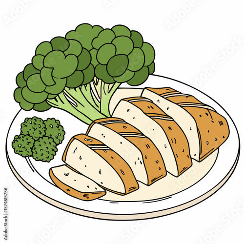 Sliced chicken breast with green broccoli florets on a plate cooked