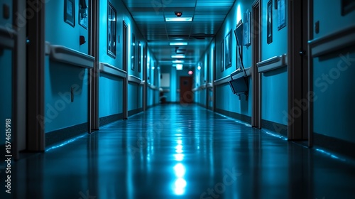 Empty hospital corridor stretches into the distance.