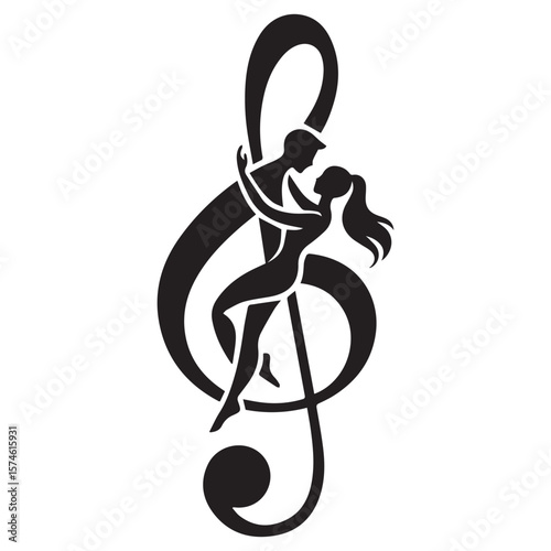 Silhouette of a couple dancing intimately entwined within the curves of a black treble clef symbol
