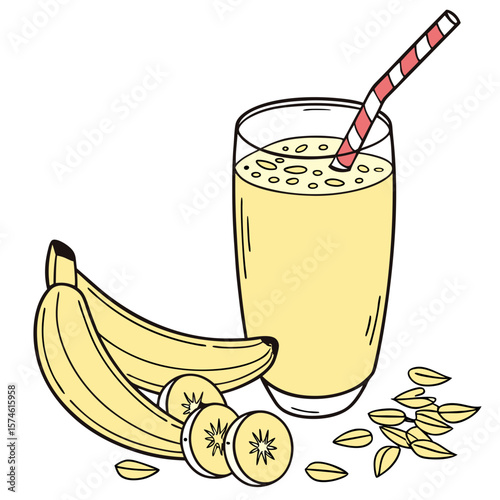 Yellow banana smoothie with oats and straw drink