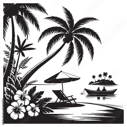 Tropical island paradise with palm trees hibiscus flowers beach chair umbrella and a boat with people sailing