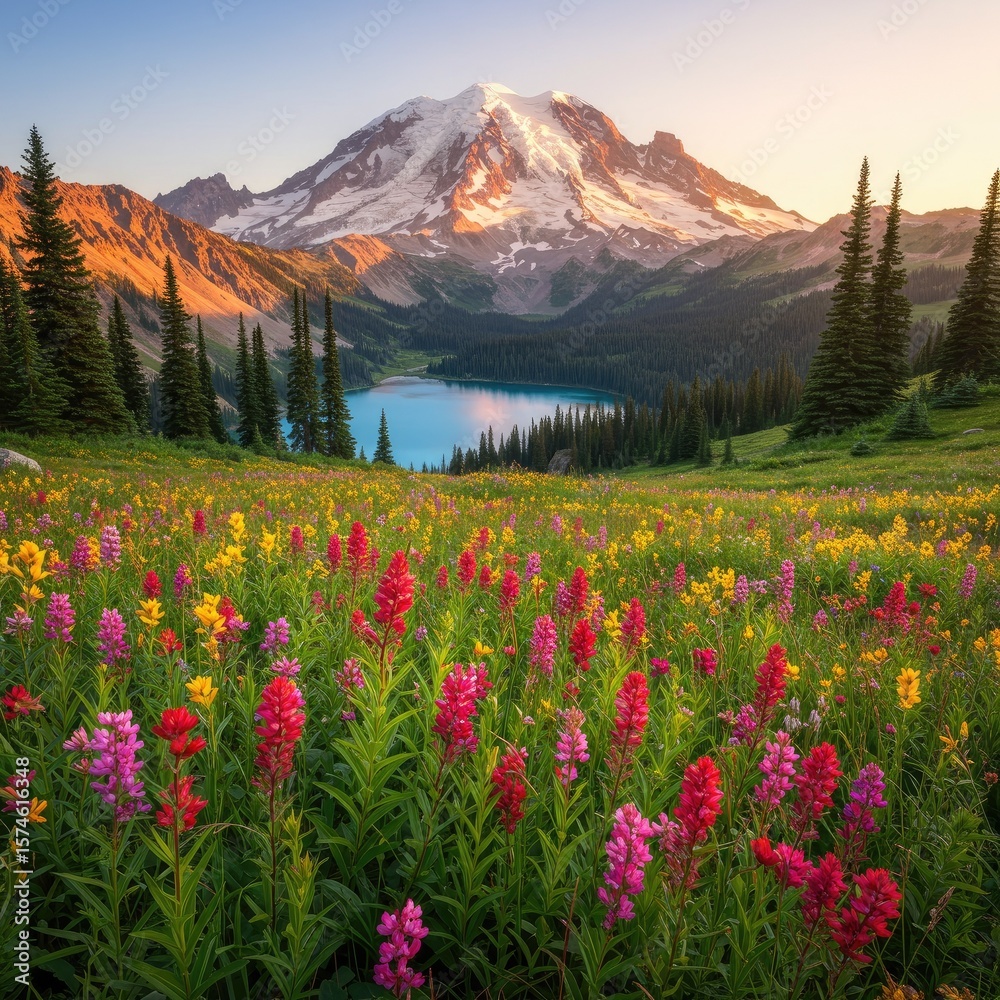 Naklejka premium Colorful wildflowers bloom at sunrise near Mount Rainier, with lake, peaks, and forested mountains in view. 