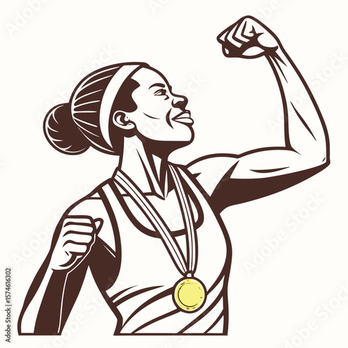 Athletic woman flexing bicep wearing gold medal victory triumph