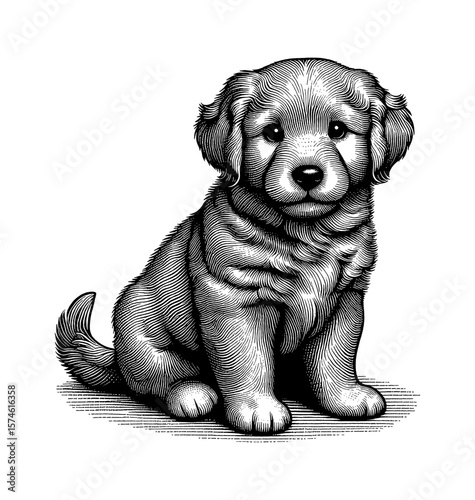 Adorable Puppy Seated Portrait Engraved with Detailed Line Art Black and White