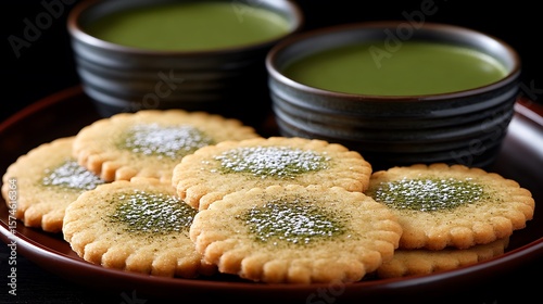 Round cookies with matcha green tea topping.
