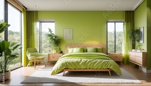 light lime color bedroom with wooden furniture a cozy bedroom featuring lime green bedding wooden furniture large windows indoor plants and modern minimalist interior design