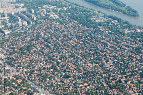 Huge residential area on the outskirts of Budapest, as seen from an airplane window