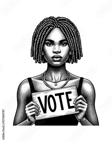 African American Woman Holding a Vote Sign, Black and White Illustration, Engraving Art Style