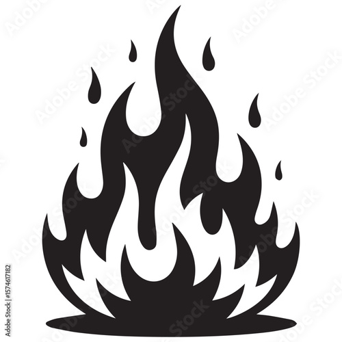 Stylized black and white graphic representation of a flame with droplets of liquid or fire