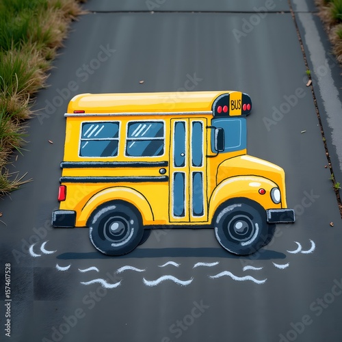 Yellow school bus illustration on asphalt road with grass edges  
