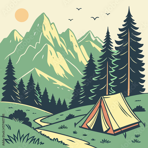 Summer camp concept. Camping landscape. Sunny day landscape illustration in flat style with tent, mountains and forest. Banner or poster for summer camp, nature tourism, camping, hiking, trek