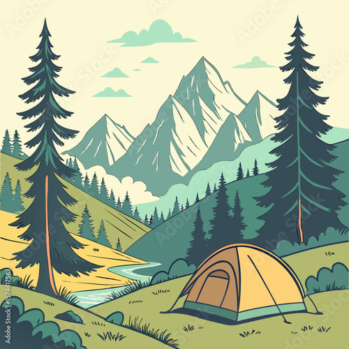 Summer camp concept. Camping landscape. Sunny day landscape illustration in flat style with tent, mountains and forest. Banner or poster for summer camp, nature tourism, camping, hiking, trek