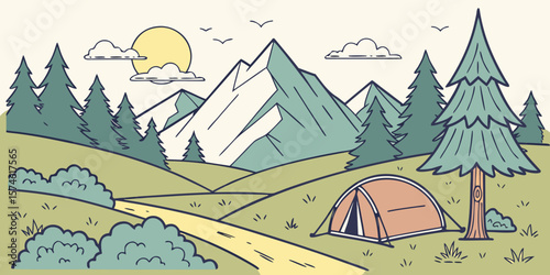 Summer camp concept. Camping landscape. Sunny day landscape illustration in flat style with tent, mountains and forest. Banner or poster for summer camp, nature tourism, camping, hiking, trek