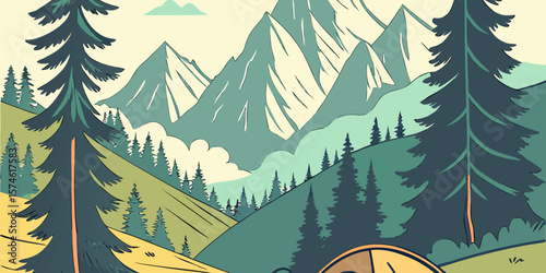 Summer camp concept. Camping landscape. Sunny day landscape illustration in flat style with tent, mountains and forest. Banner or poster for summer camp, nature tourism, camping, hiking, trek