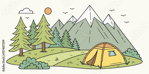 Summer camp concept. Camping landscape. Sunny day landscape illustration in flat style with tent, mountains and forest. Banner or poster for summer camp, nature tourism, camping, hiking, trek