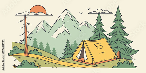 Summer camp concept. Camping landscape. Sunny day landscape illustration in flat style with tent, mountains and forest. Banner or poster for summer camp, nature tourism, camping, hiking, trek