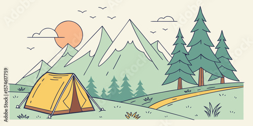 Summer camp concept. Camping landscape. Sunny day landscape illustration in flat style with tent, mountains and forest. Banner or poster for summer camp, nature tourism, camping, hiking, trek