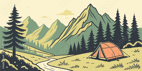 Summer camp concept. Camping landscape. Sunny day landscape illustration in flat style with tent, mountains and forest. Banner or poster for summer camp, nature tourism, camping, hiking, trek