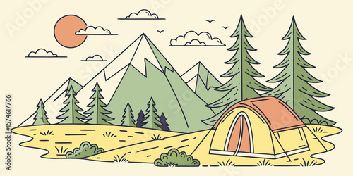 Summer camp concept. Camping landscape. Sunny day landscape illustration in flat style with tent, mountains and forest. Banner or poster for summer camp, nature tourism, camping, hiking, trek