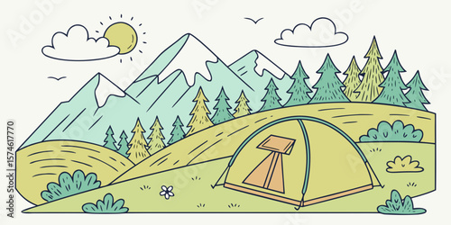 Summer camp concept. Camping landscape. Sunny day landscape illustration in flat style with tent, mountains and forest. Banner or poster for summer camp, nature tourism, camping, hiking, trek