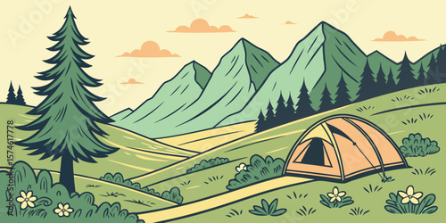 Summer camp concept. Camping landscape. Sunny day landscape illustration in flat style with tent, mountains and forest. Banner or poster for summer camp, nature tourism, camping, hiking, trek