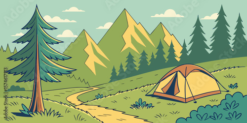 Summer camp concept. Camping landscape. Sunny day landscape illustration in flat style with tent, mountains and forest. Banner or poster for summer camp, nature tourism, camping, hiking, trek