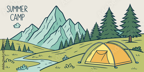 Summer camp concept. Camping landscape. Sunny day landscape illustration in flat style with tent, mountains and forest. Banner or poster for summer camp, nature tourism, camping, hiking, trek