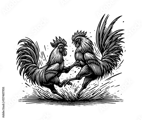 Two Roosters Sparring in Detailed Black and White Engraving Illustration Style on White Background