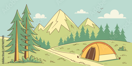 Summer camp concept. Camping landscape. Sunny day landscape illustration in flat style with tent, mountains and forest. Banner or poster for summer camp, nature tourism, camping, hiking, trek