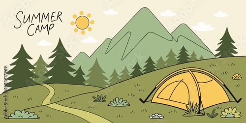 Summer camp concept. Camping landscape. Sunny day landscape illustration in flat style with tent, mountains and forest. Banner or poster for summer camp, nature tourism, camping, hiking, trek