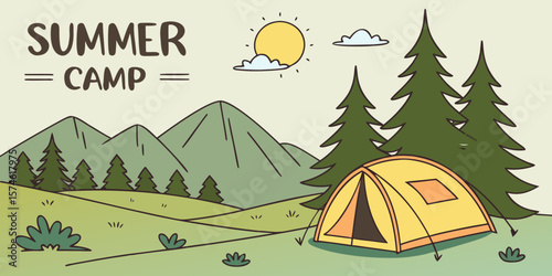Summer camp concept. Camping landscape. Sunny day landscape illustration in flat style with tent, mountains and forest. Banner or poster for summer camp, nature tourism, camping, hiking, trek