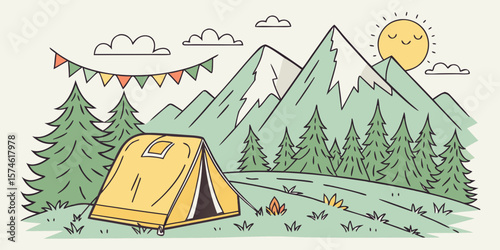 Summer camp concept. Camping landscape. Sunny day landscape illustration in flat style with tent, mountains and forest. Banner or poster for summer camp, nature tourism, camping, hiking, trek
