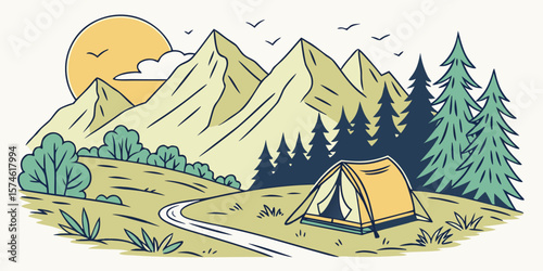 Summer camp concept. Camping landscape. Sunny day landscape illustration in flat style with tent, mountains and forest. Banner or poster for summer camp, nature tourism, camping, hiking, trek
