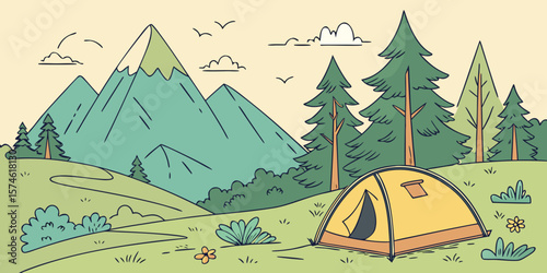 Summer camp concept. Camping landscape. Sunny day landscape illustration in flat style with tent, mountains and forest. Banner or poster for summer camp, nature tourism, camping, hiking, trek