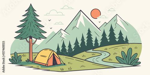 Summer camp concept. Camping landscape. Sunny day landscape illustration in flat style with tent, mountains and forest. Banner or poster for summer camp, nature tourism, camping, hiking, trek