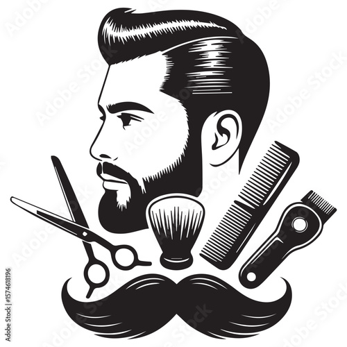 Stylish man s profile with classic barber tools including scissors comb brush and moustache