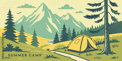 Summer camp concept. Camping landscape. Sunny day landscape illustration in flat style with tent, mountains and forest. Banner or poster for summer camp, nature tourism, camping, hiking, trek