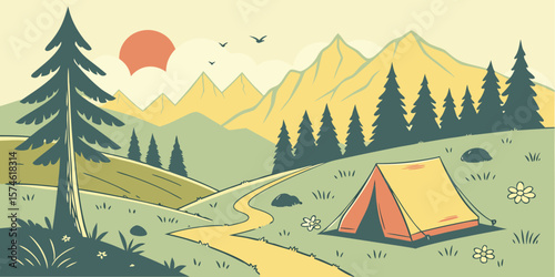 Summer camp concept. Camping landscape. Sunny day landscape illustration in flat style with tent, mountains and forest. Banner or poster for summer camp, nature tourism, camping, hiking, trek