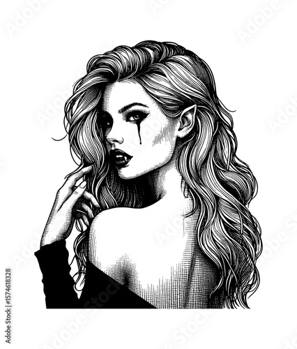 Portrait of a Vampire Woman with Long Hair Looking Over Her Shoulder in Engraved Style Art