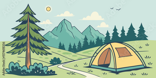 Summer camp concept. Camping landscape. Sunny day landscape illustration in flat style with tent, mountains and forest. Banner or poster for summer camp, nature tourism, camping, hiking, trek