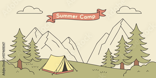 Summer camp concept. Camping landscape. Sunny day landscape illustration in flat style with tent, mountains and forest. Banner or poster for summer camp, nature tourism, camping, hiking, trek