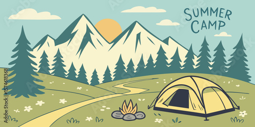 Summer camp concept. Camping landscape. Sunny day landscape illustration in flat style with tent, mountains and forest. Banner or poster for summer camp, nature tourism, camping, hiking, trek