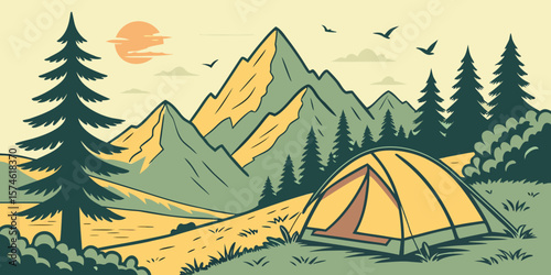 Summer camp concept. Camping landscape. Sunny day landscape illustration in flat style with tent, mountains and forest. Banner or poster for summer camp, nature tourism, camping, hiking, trek